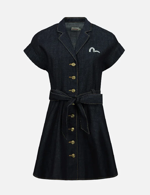 Tie-up Dresses for Decorative -Seagull Embroidery Denim Shirt Dress