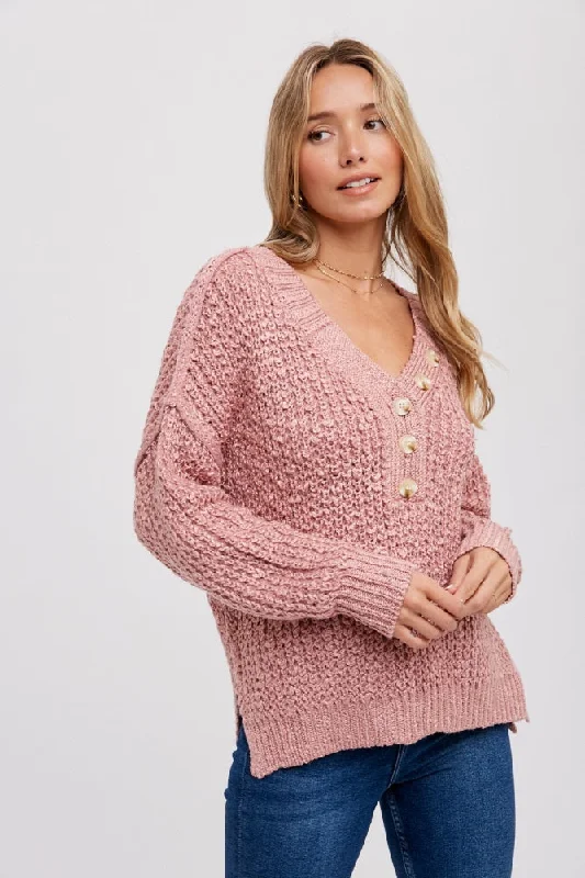 Cuffed - Sleeve Sweaters for Neat Appearance -Mauve Chunky Knit Button V-Neck Sweater