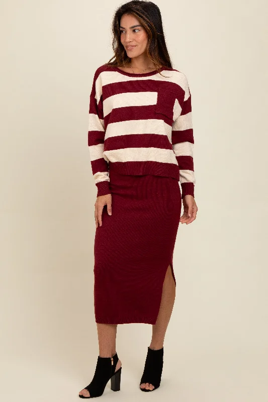 Embroidered Sweaters for Detailed Decoration -Burgundy Striped Sweater And Fitted Midi Skirt Set