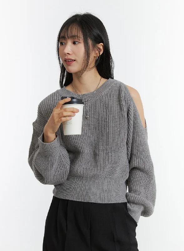 Fleece - Lined Sweaters for Warmth -Unbalanced Opening Shoulder Knit Sweater OD308