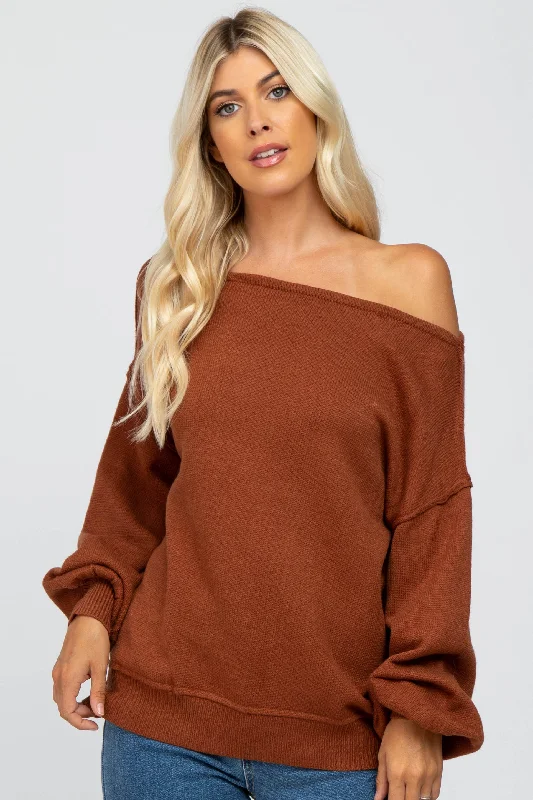 One - Shoulder Sweaters for Asymmetric Design -Camel Boat Neck Bubble Sleeve Sweater