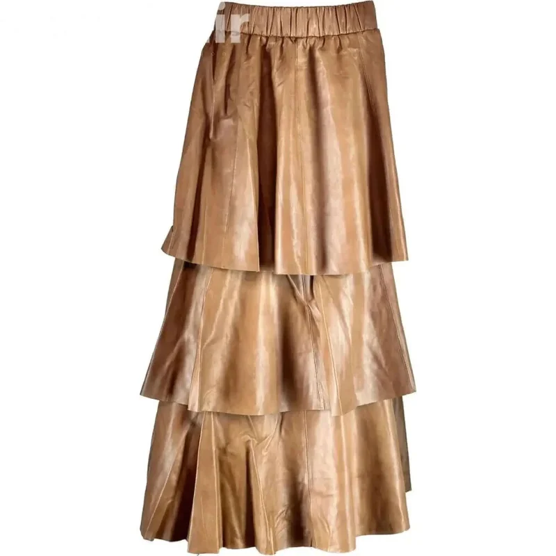 Wrap maxi skirts for versatile styling options -Long Beige Skirt Genuine Lamb Paper Napa | Elegant Women's Fashion