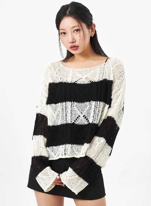 Cable - Trimmed Sweaters for Added Detail -Boat Neck Stripe Sweater CA306