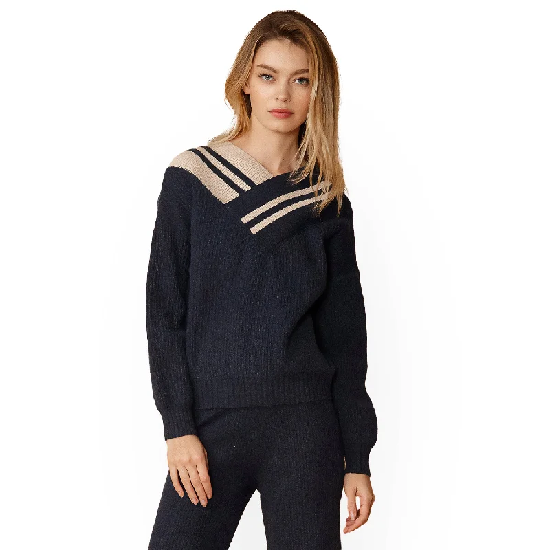 Wool Sweaters for Winter Warmth -Women's Varsity Sweater in Midnight