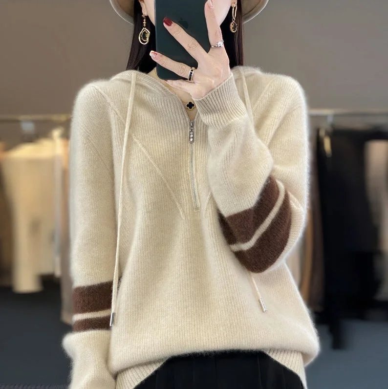 Slim - Fit Sweaters for Tight Look -Hooded Zipper Thickening Knitwear Women's Color Matching Sweater