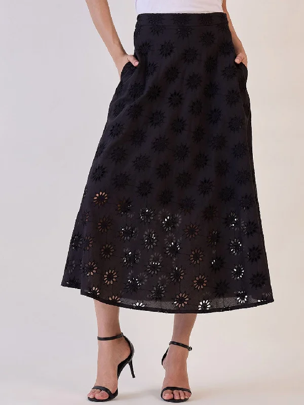 A-line skirts with flared hem elegance -Black Schiffli Flared Skirt