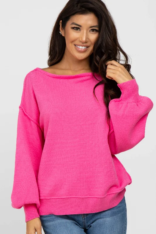 Roll - Neck Sweaters for Cold - Resistance -Fuchsia Boat Neck Bubble Sleeve Sweater