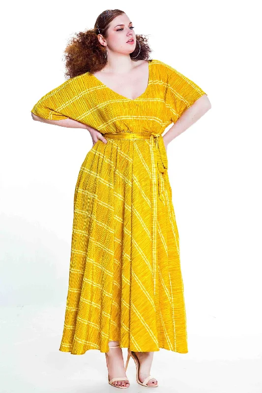 Striped Dresses for Fashionable -Mustard/Cream Bat Sleeved Maxi Dress- JIBRI