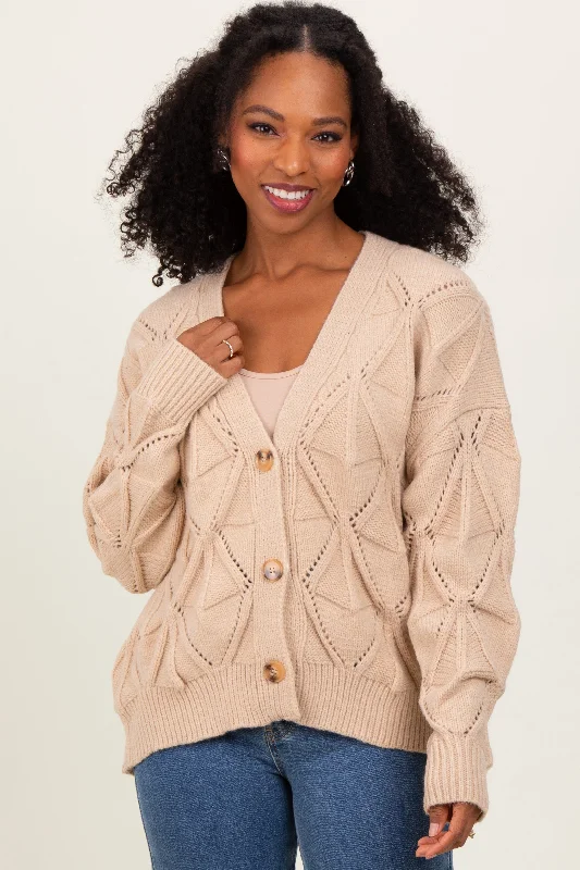 Slim - Fit Sweaters for Tight Look -Beige Diamond Knit Button Up Sweater Cardigan