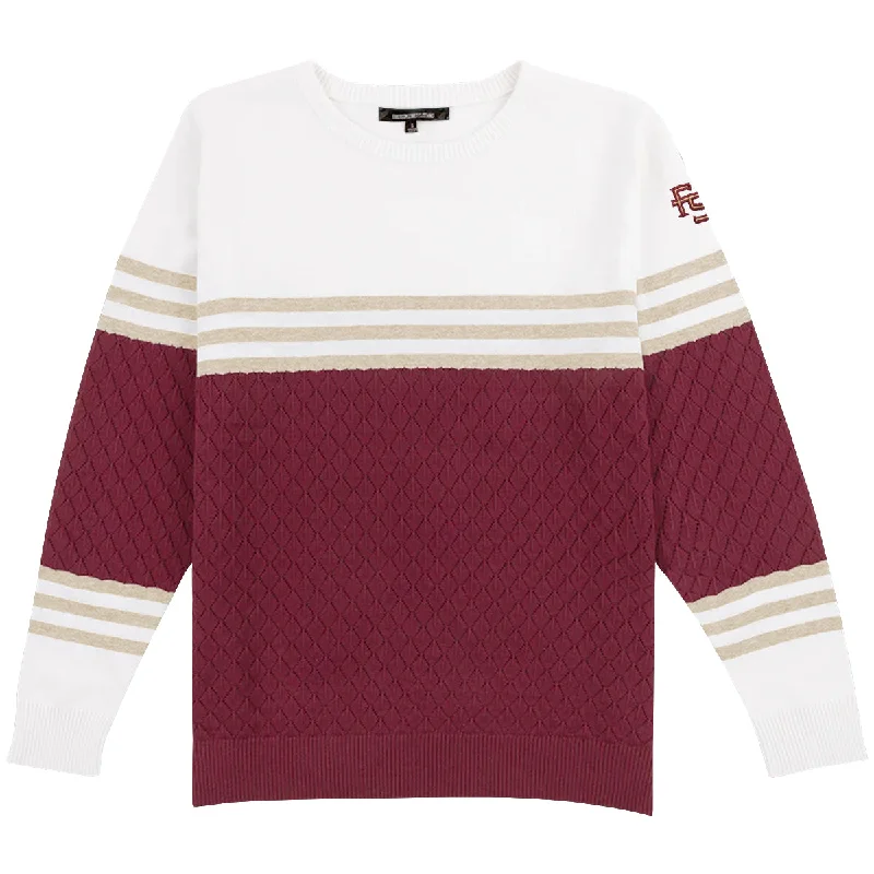 Turtleneck Sweaters for Cold Weather -Emerson Street Women's Stacked FSU Cotton Knit Sweater - White/Garnet