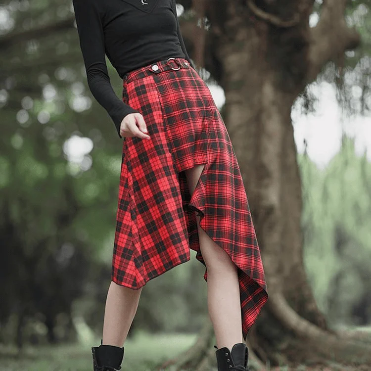 Lightweight skirts with airy fabric weave -Women's Grunge High-waisted Red Plaid Irregular Skirt