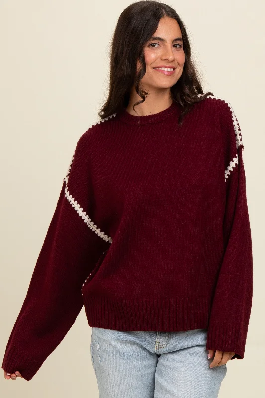 Stretch - Fit Sweaters for Comfort -Burgundy Contrast Stitch Sweater