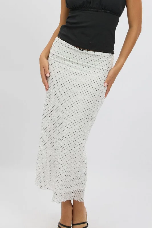 Classic skirts with simple clean lines -White Polka Dot Mesh Skirt Elasticated Picot Trim Midaxi