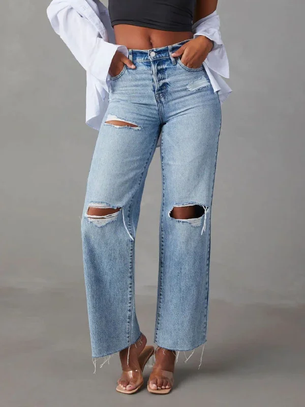 Comfortable and stylish women's shorts for casual outings and beach days-Distressed Straight Leg Jeans with Pockets