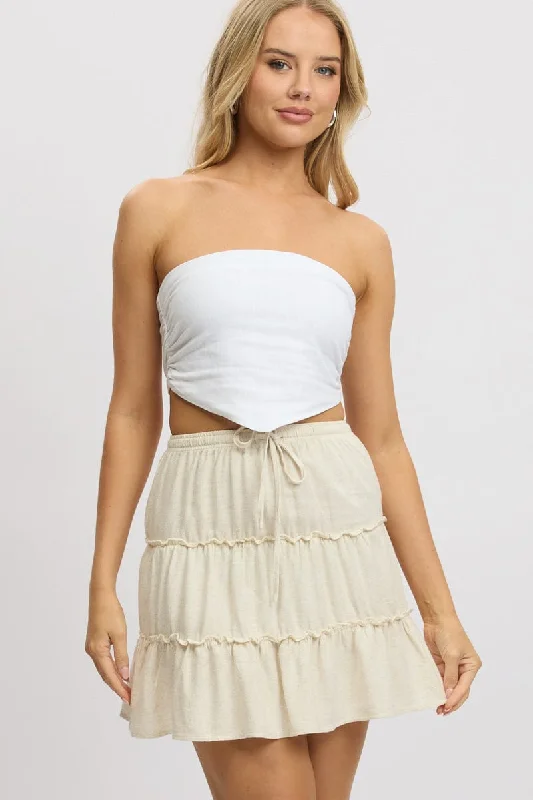 Cute mini skirts for fun party nights -Beige Skater Skirt High Rise Tiered Mini