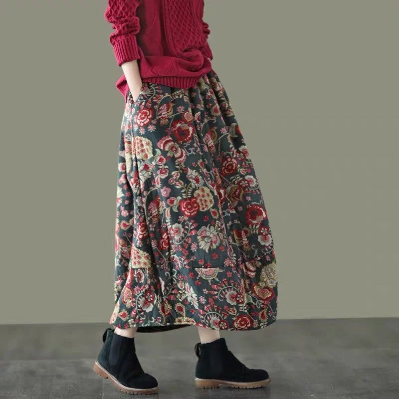 Vintage pencil skirts for nostalgic chic -Babakud Women Winter Retro Loose Quilted Flower Bud Skirt