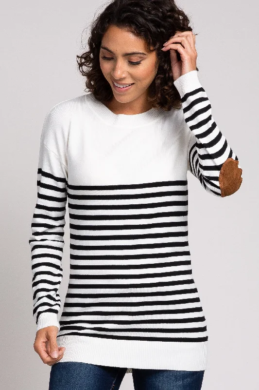 Halloween Sweaters for Spooky Theme -PinkBlush Ivory Striped Elbow Patch Knit Sweater