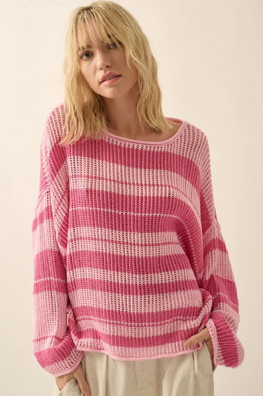 Long - Length Sweaters for Elegant Drape -Pink Oversized Stripe Colorblock Crochet Knit Sweater