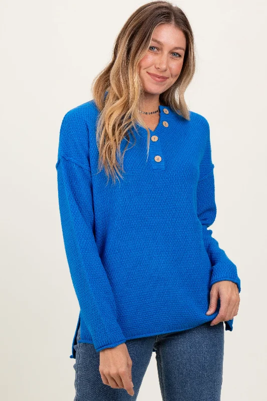 Regular - Fit Sweaters for Standard Size -Blue Diamond Knit Button Detail Sweater