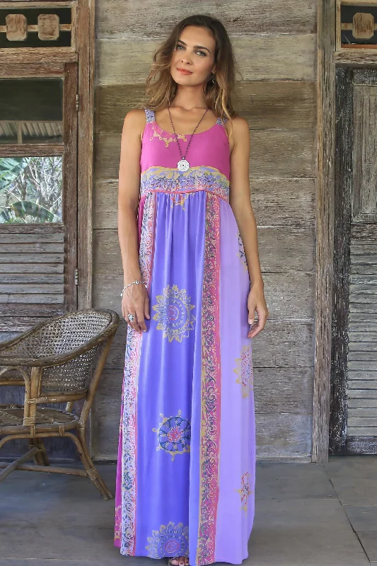 Studded Dresses for Statement -Primavera Fuchsia and Purple Batik Rayon Sundress from Bali