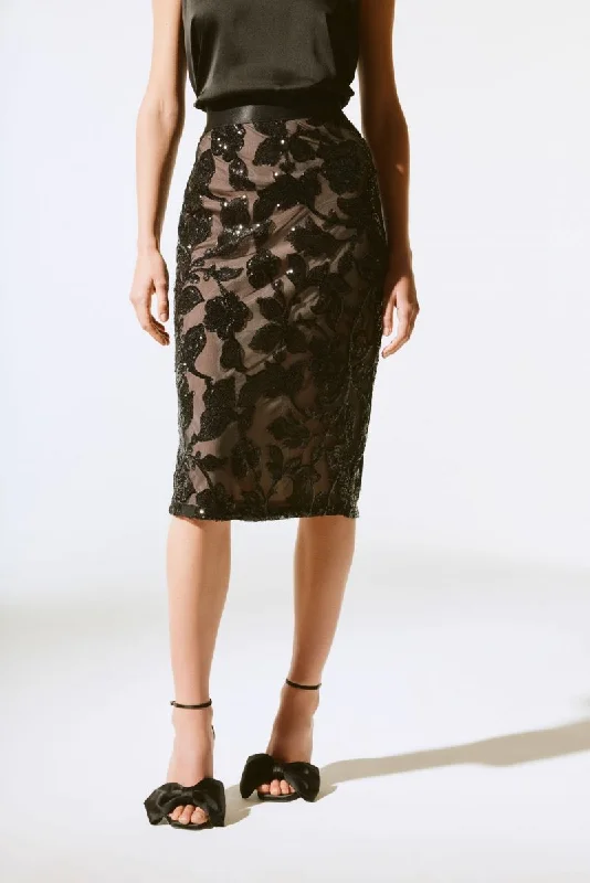 Stretchy skirts for all-body inclusivity -Joseph Ribkoff Black Sequin Floral Pull-On Mesh Pencil Skirt 243710