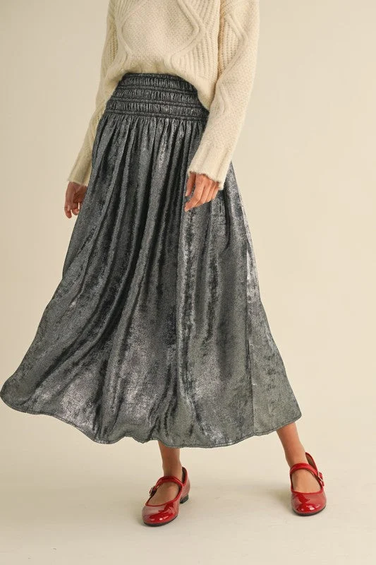 Soft skirts with gentle fabric drape -METALLIC FABRIC SMOCKING WAIST SKIRT