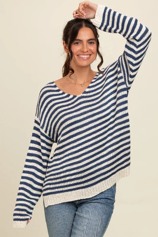 Abstract Pattern Sweaters for Artistic Flair -Navy Striped Relaxed Fit V-Neck Sweater