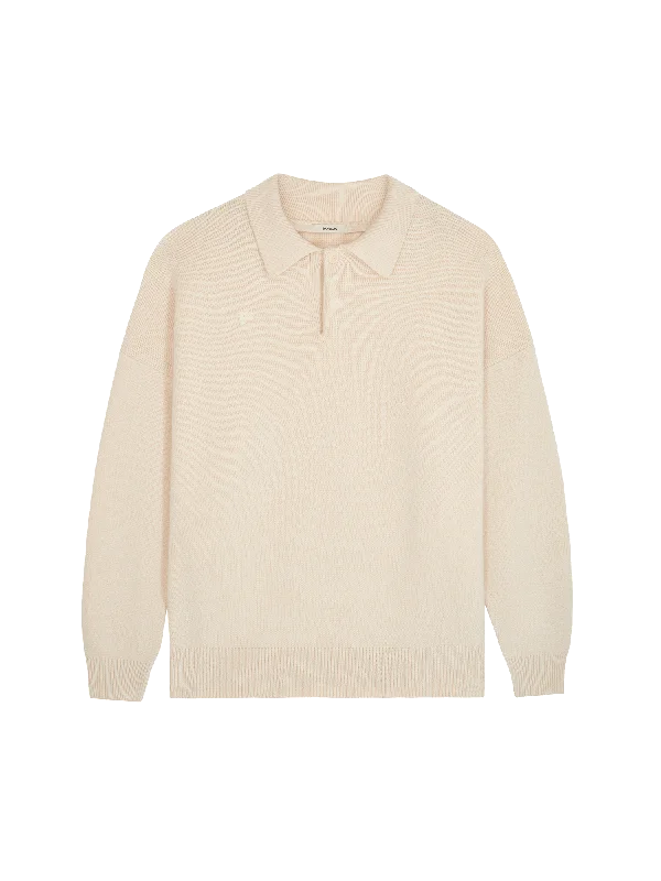 Wool Sweaters for Winter Warmth -Mens Recycled Cashmere Polo Sweater—ecru ivory