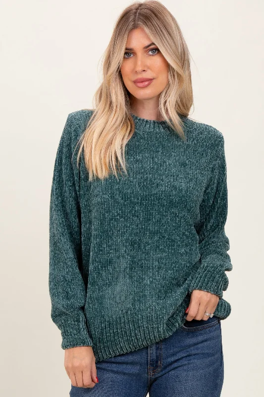 V - Neck Sweaters for Slimming Effect -Forest Green Chenille Knit Sweater