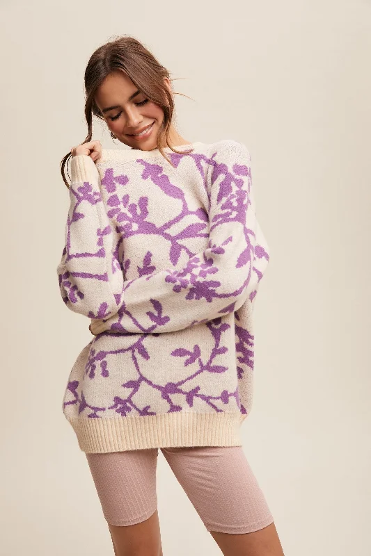 Rhinestone - Embellished Sweaters for Bling -Lavender Floral Drop Shoulder Sweater