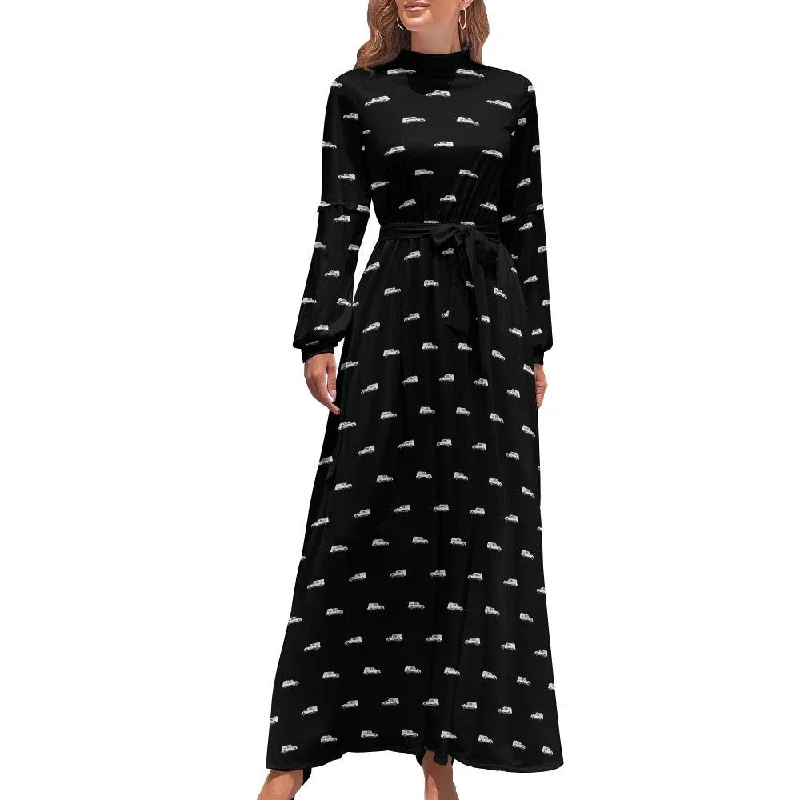 Capri Dresses for Playful -White Hearse on Black - High Collar Long Sleeve Dress