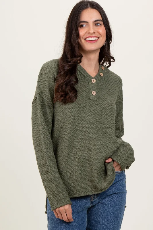 Lace - Trimmed Sweaters for Feminine Detail -Light Olive Diamond Knit Button Detail Sweater