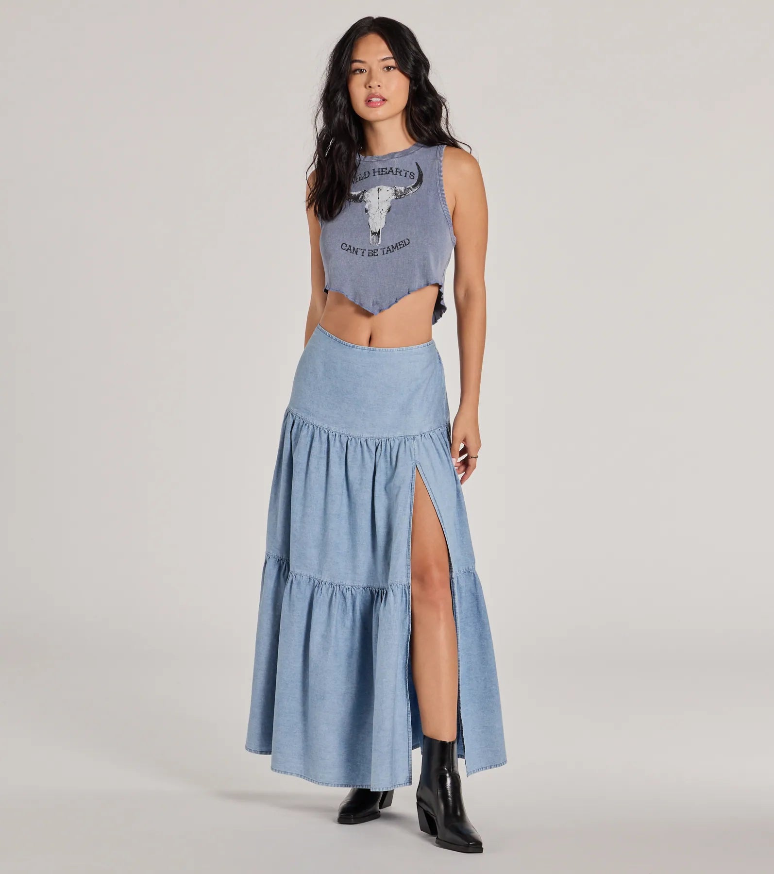 Luxury skirts with elegant silk sheen -Just Got Sweet High-Rise Slit Chambray Maxi Skirt