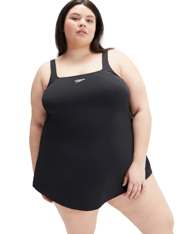 Tiered Dresses for Voluminous -Essential Swim Dress - Black/Plus Size