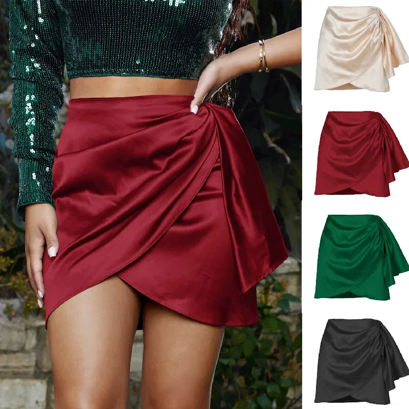 Durable cotton skirts for tough daily use -Irregular Zipper Skirt Pleated Design Satin High Waist Skirt