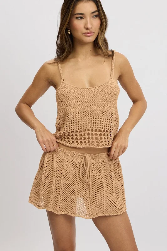 Flowy skirts for effortless beach cover-ups -Beige Crochet Skirt Mid Rise Beach Bikini Lined