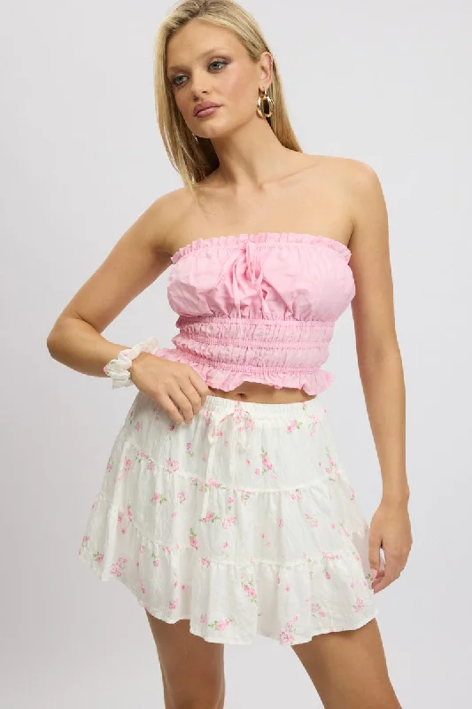 Luxury skirts with intricate embroidery accents -White Ditsy Skater Skirt High Rise Tiered Mini Lined