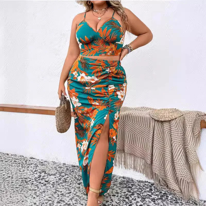 Luxury skirts with elegant silk sheen -Plus Size Floral Printed V-Neck Sexy Ruched Top and Split Skirt Set