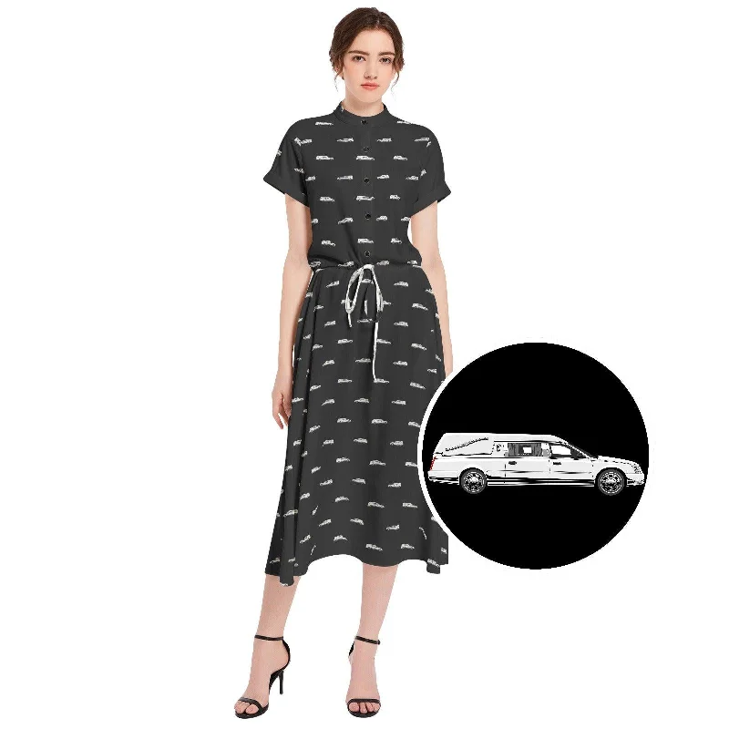 Office Dresses for Business -White Hearse on Black - Waist A-line Flared Midi Dress