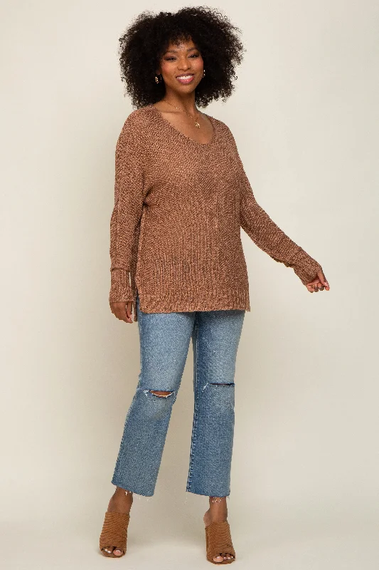 Thermal - Insulated Sweaters for Cold - Protection -Mocha Chunky Knit Side Slit Sweater