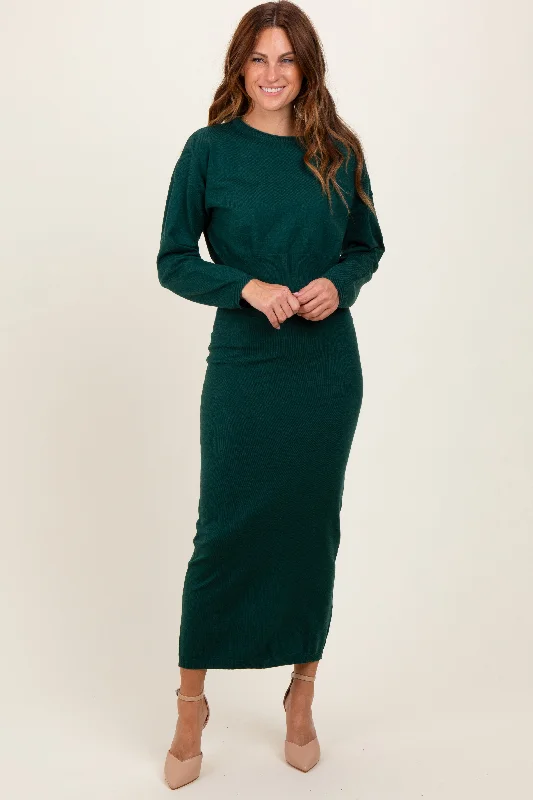 Hand - Wash Only Sweaters for Delicate -Forest Green Knit Midi Skirt Sweater Set