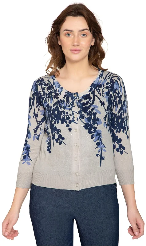 Eco - Friendly Sweaters for Green - Conscious -Women's ¾ Sleeve Knit Printed And Embellished Cardigan Sweater