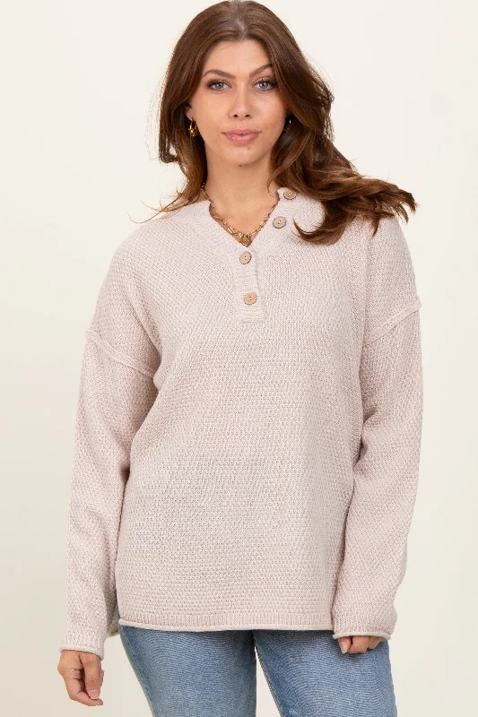 Breathable Sweaters for Comfort -Beige Diamond Knit Button Detail Sweater