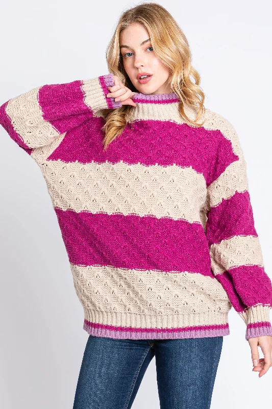 Dry - Clean Only Sweaters for Special Care -Magenta Striped Mock Neck Sweater