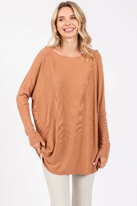 Hand - Knitted Sweaters for Personal Touch -Brown Soft Knit Boatneck Dolman Sleeve Sweater