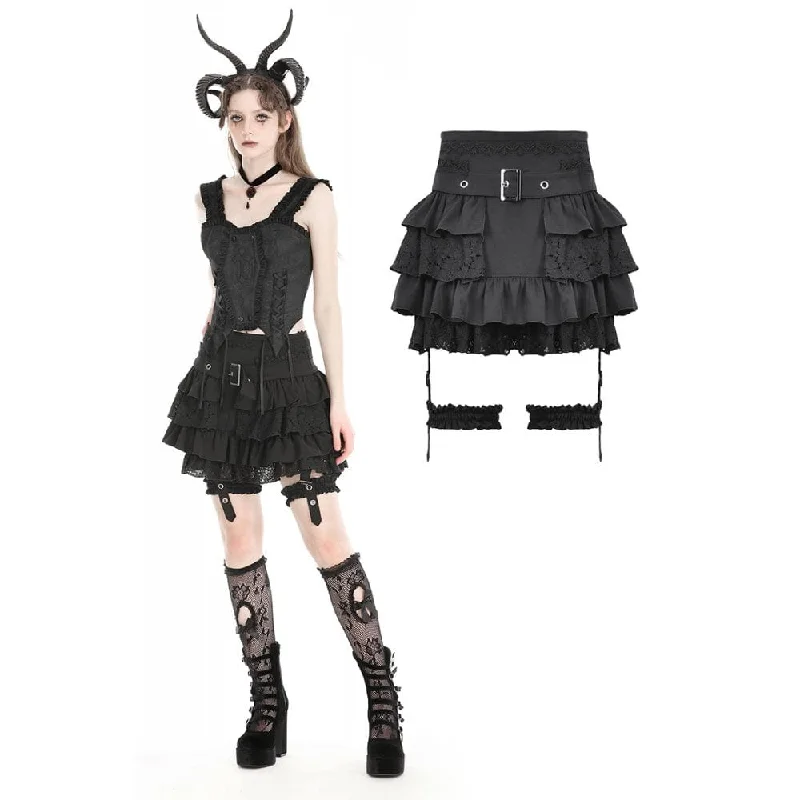 Luxury skirts with shimmering sequin details -Women's Gothic High-waisted Lace Splice Skirt with Garter