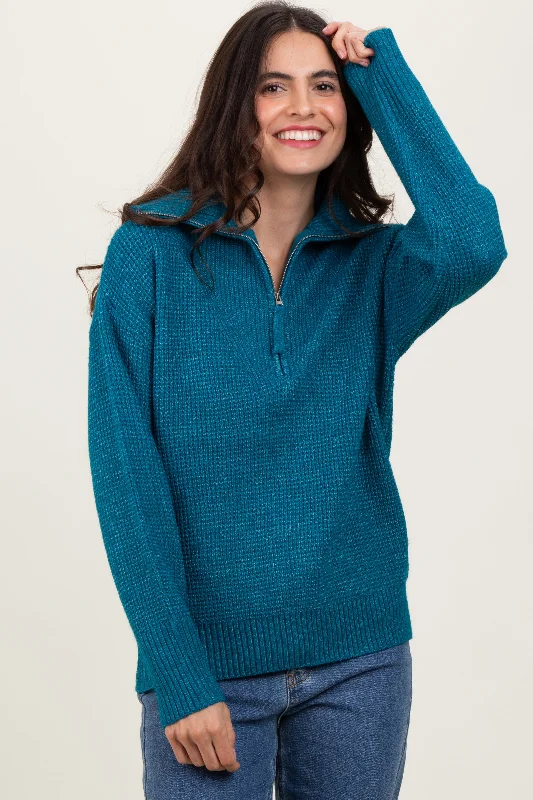 Rhinestone - Embellished Sweaters for Bling -Deep Teal Half Zip Pullover Sweater