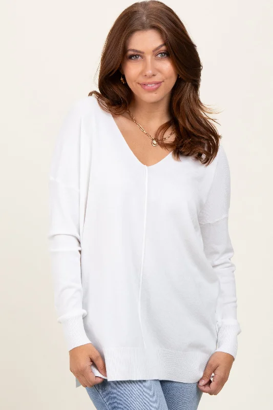 Lightweight Sweaters for Layering -Ivory  Front Seam V-Neck Side Slit Sweater