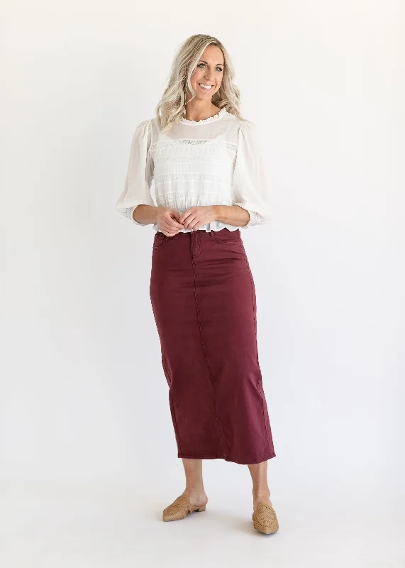 Lightweight skirts for warm season chic -Stella Burgundy Denim Maxi Skirt - FINAL SALE