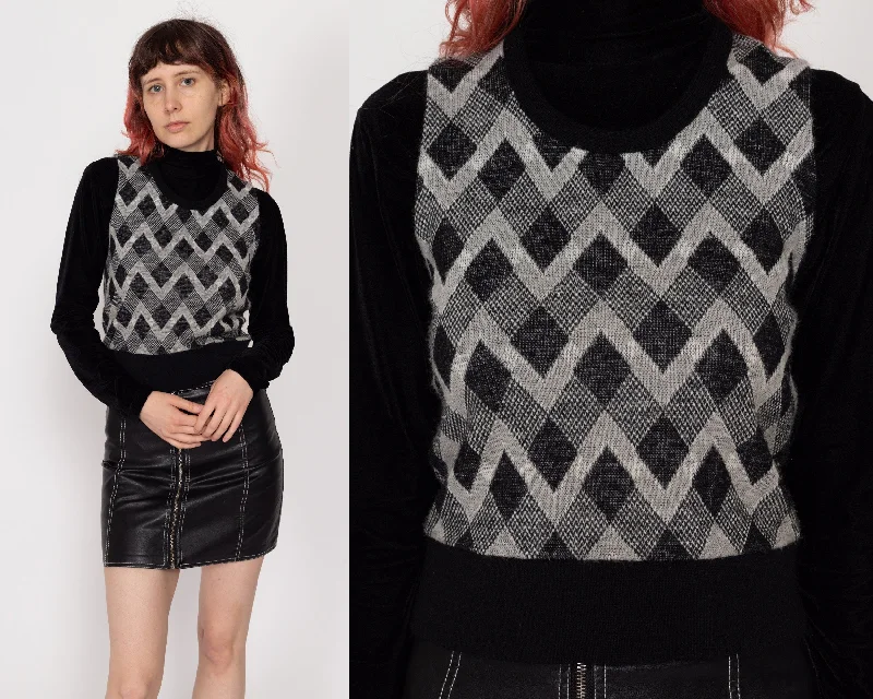 Tasseled Sweaters for Exotic Look -XS 70s Black & Grey Argyle Sweater Vest